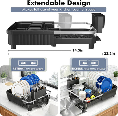 Skiennix Dish Drying Rack - Expandable Stainless Steel Drainer with Utensil Holder | Black