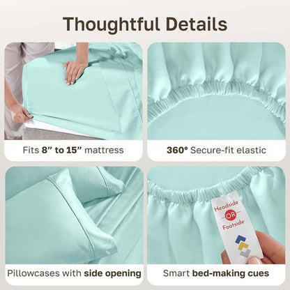 California Design Den Split King Bed Sheets Set - 100% Cotton, 400 Thread Count, Smooth Sateen Finish, Deep Pockets - Seafoam