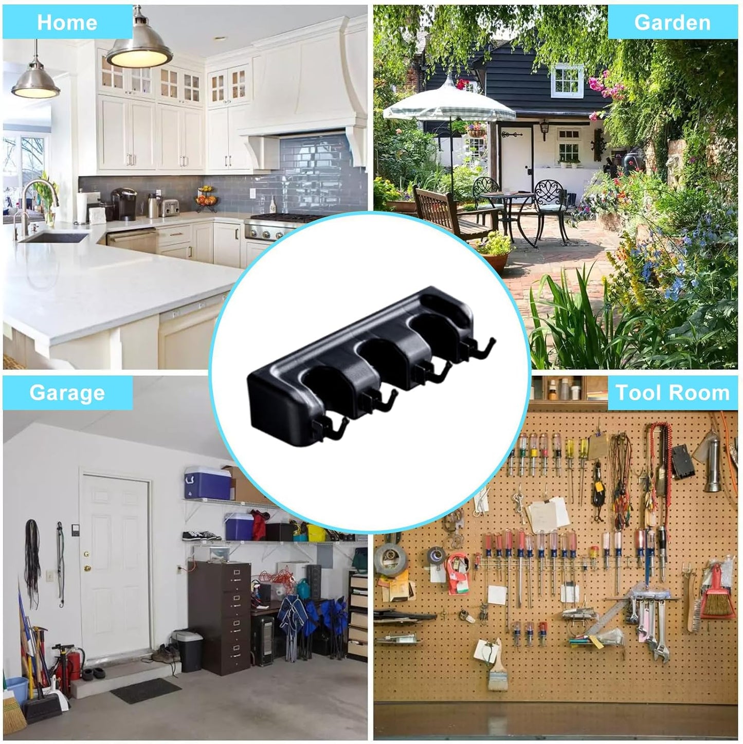 Wall-Mounted Broom and Mop Holder by [Brand Name] - 3 Slots & 4 Hooks Organizer for Home, Garage, and Garden
