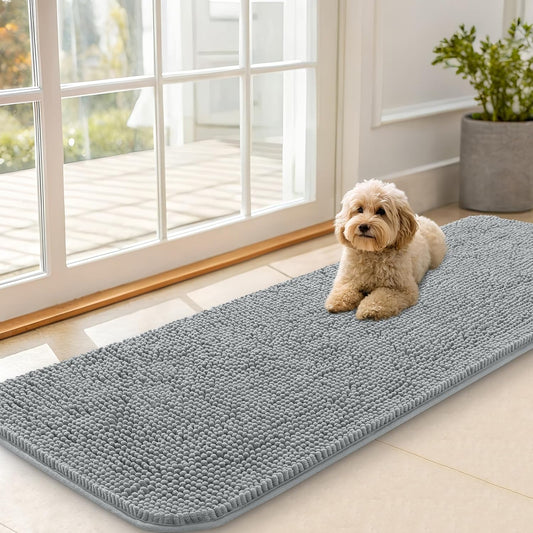 OLANLY Dog Door Mat - Absorbent Non-Slip Chenille Mat for Muddy Paws | 59x20 Inches, Grey