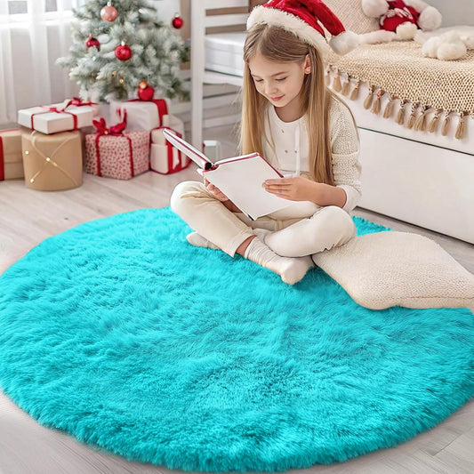 OLANLY Teal Blue Round Rug - Soft & Fluffy 4 ft Circle Area Rug for Bedroom, Living Room & Nursery Decor