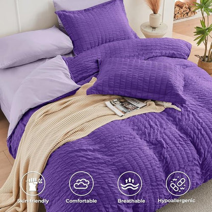 HYMOKEGE Full Size Comforter Set - Dark Purple & Lavender Seersucker | 7-Piece All-Season Luxury Bedding Set