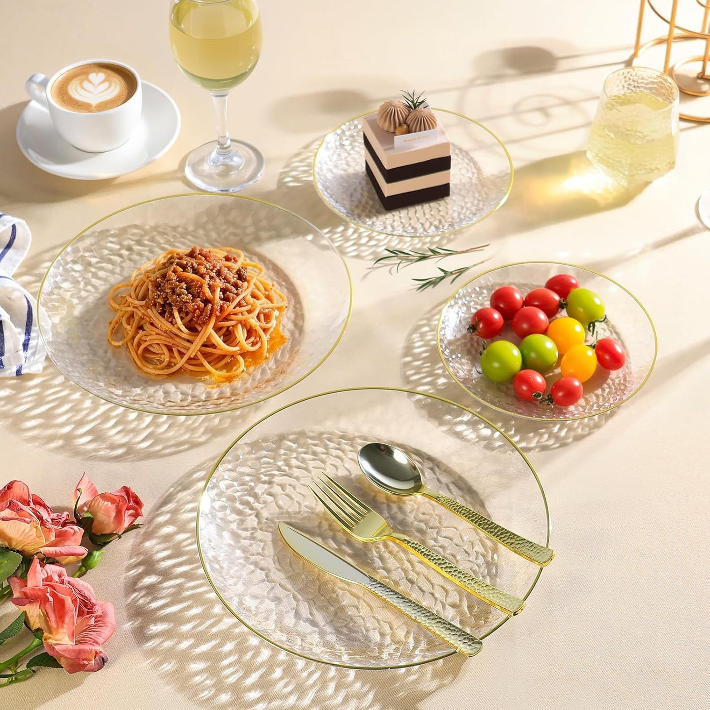 Regine Switzerland Crystal Clear Plastic Plates - Elegant Gold Rim Disposable Dinnerware Set | 50 Pcs (25 Dinner & 25 Salad Plates) for Parties & Weddings
