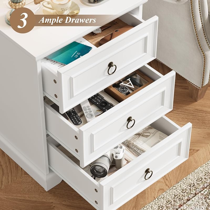 26" Tall Nightstand with Charging Station - White, 3 Drawers (Variation: White+1)