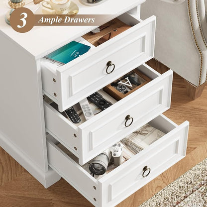26" Tall Nightstand with Charging Station - White, 3 Drawers (Variation: White+1)