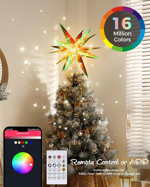 Ariceleo RGB LED Christmas Tree Topper Star - App-Controlled, USB Powered, 16.5" Decorative Multi-Color Star