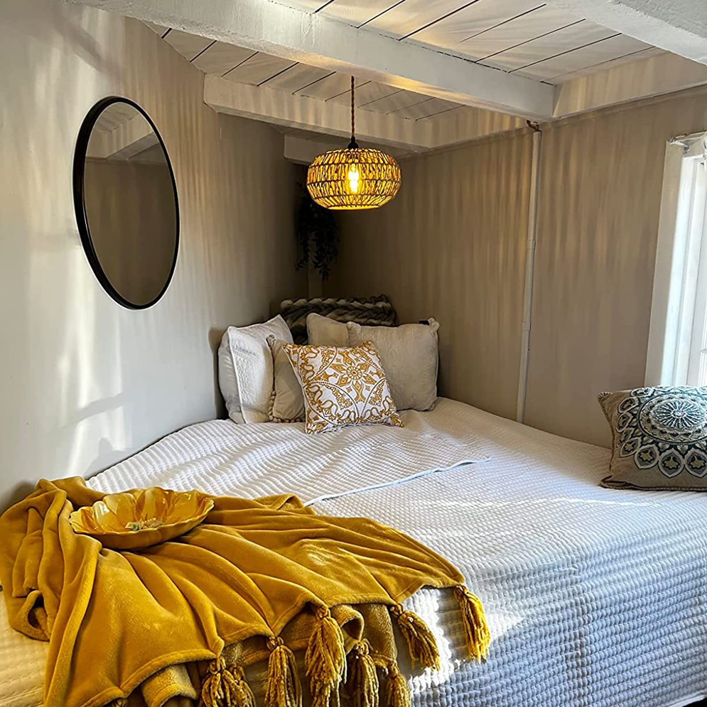 Rattan Plug in Pendant Light with LED Bulb&Pulley, Boho Hanging Lights with Plug in Cord 15ft, Wicker Woven Chandelier Light Fixtures with Dimmer Switch for Bedroom Living Dinning Room Kitchen