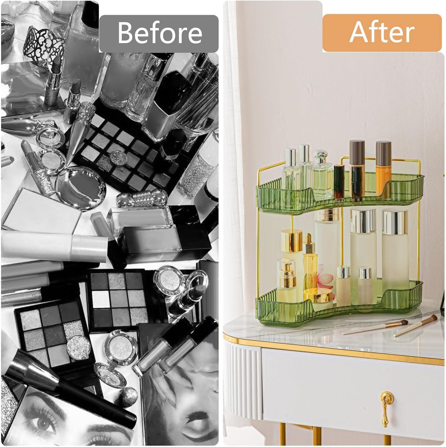 Skiennix Corner Bathroom Counter Organizer - 2-Tier Makeup Shelf & Perfume Tray in Green