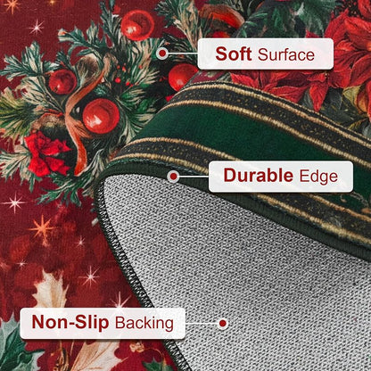 2x3 ft Red Christmas Area Rug with Non-Slip Backing - Washable Entryway Door Mat, Vintage Tree Design