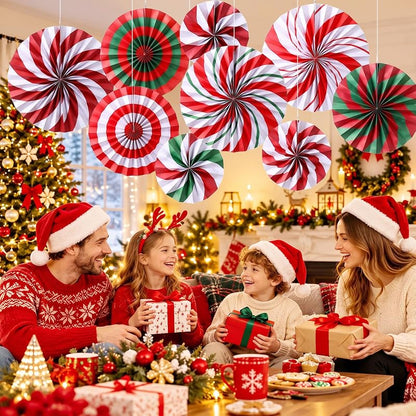 Peppermint Candy Cane Christmas Paper Fans 9-Pack - 8/12/16 Inch Hanging Decorations