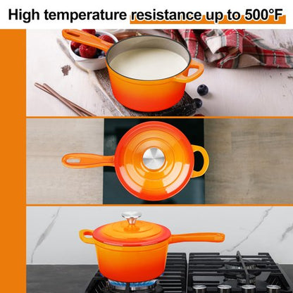 Enameled Cast Iron Sauce Pan with Lid, Leonyo 1 Quart Saucepan with Lid, Small Enamel Cast Iron Dutch Oven Kitchen Cookware for All Cooktops Making Pasta Sauce, Soup, Milk - Up to 500°F & Orange