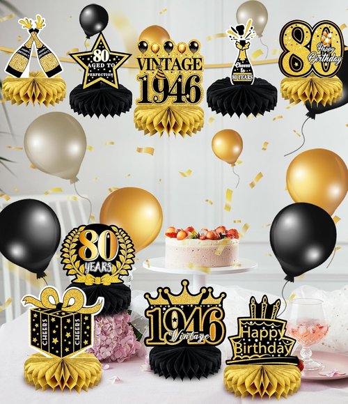 Happy 80th Birthday Decorations | 9 Pcs Honeycomb Centerpieces in Black and Gold - Celebrate 80 Years!