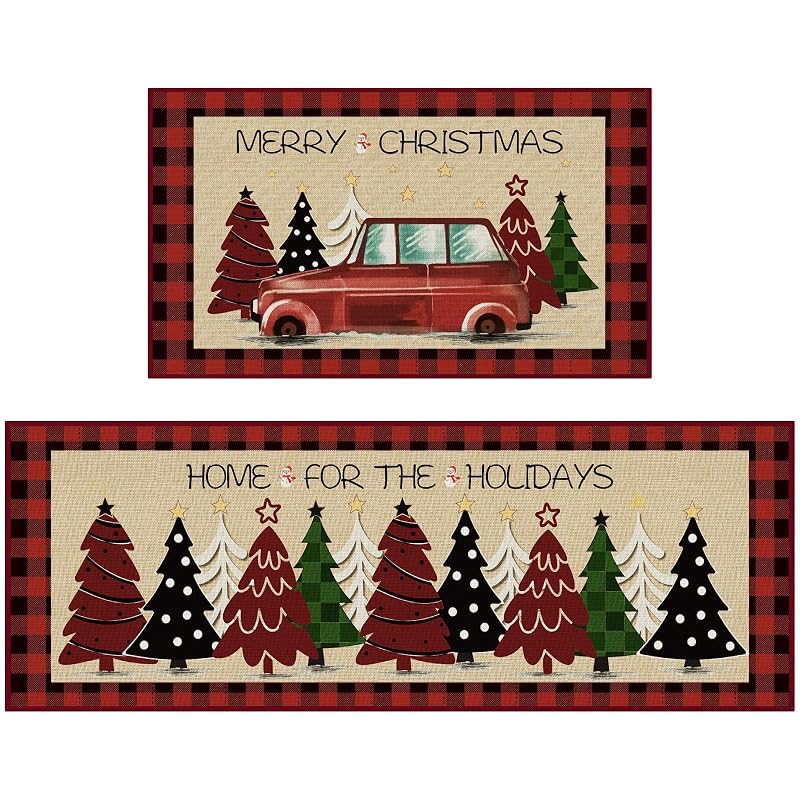 Christmas Kitchen Floor Mats 2-Pack Non-Slip 17x30 & 17x47 Red with Tree Print - Holiday Rug Set