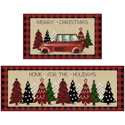 Christmas Kitchen Floor Mats 2-Pack Non-Slip 17x30 & 17x47 Red with Tree Print - Holiday Rug Set