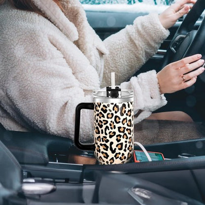 40 oz Stainless Steel Tumbler by [Brand Name] - Leak-Proof Travel Mug with Handle & Straw | Cheetah Design