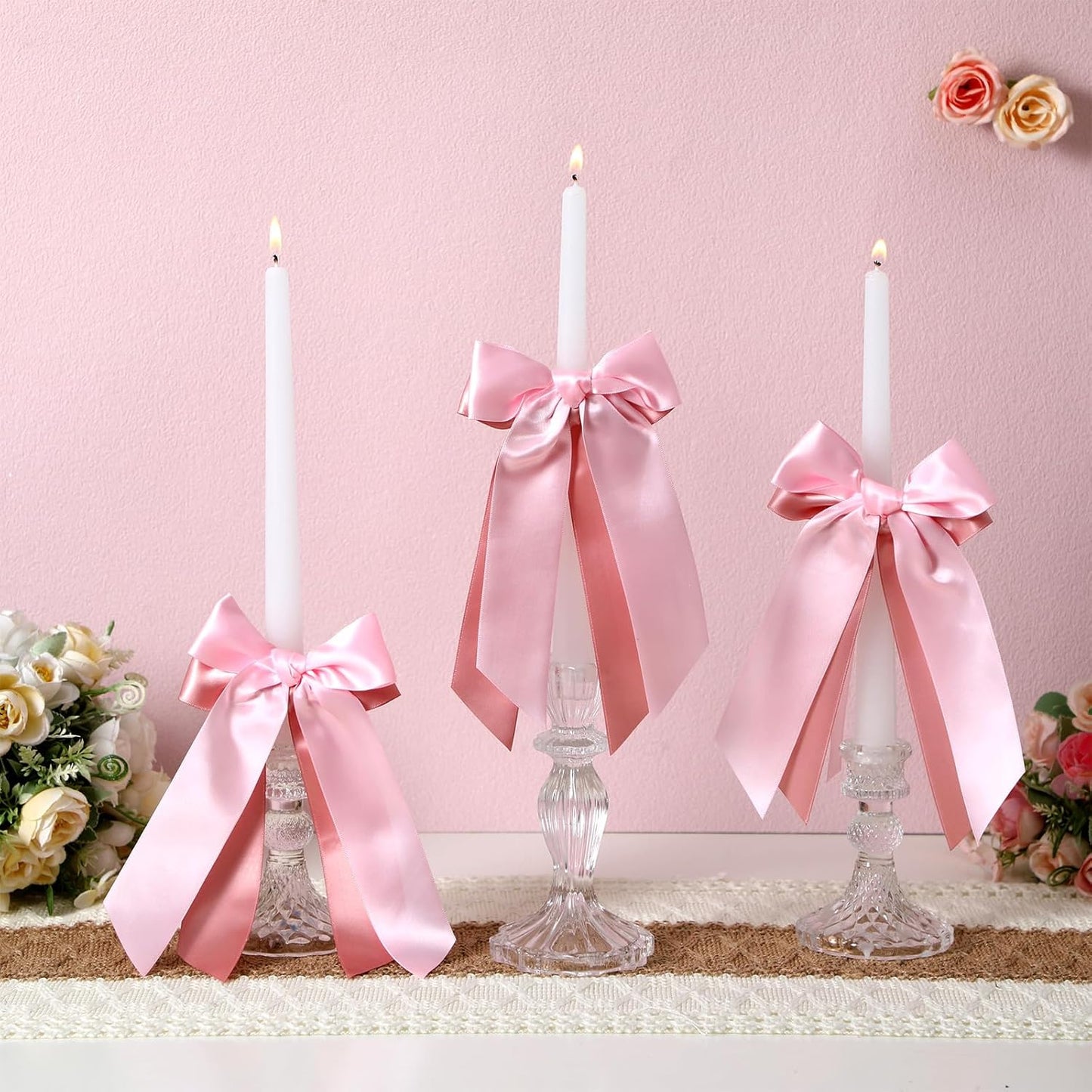 Skiennix 12 Pcs Pink Candlestick Bows - Double-Layer Satin Ribbon, Pre-Tied 7.9'' Bowknot for Weddings & Parties
