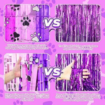 Bupelo Pink Paw Birthday Decorations - 2 Pack Tinsel Foil Fringe Curtains | 3.3 x 6.6ft Dog Party Backdrop