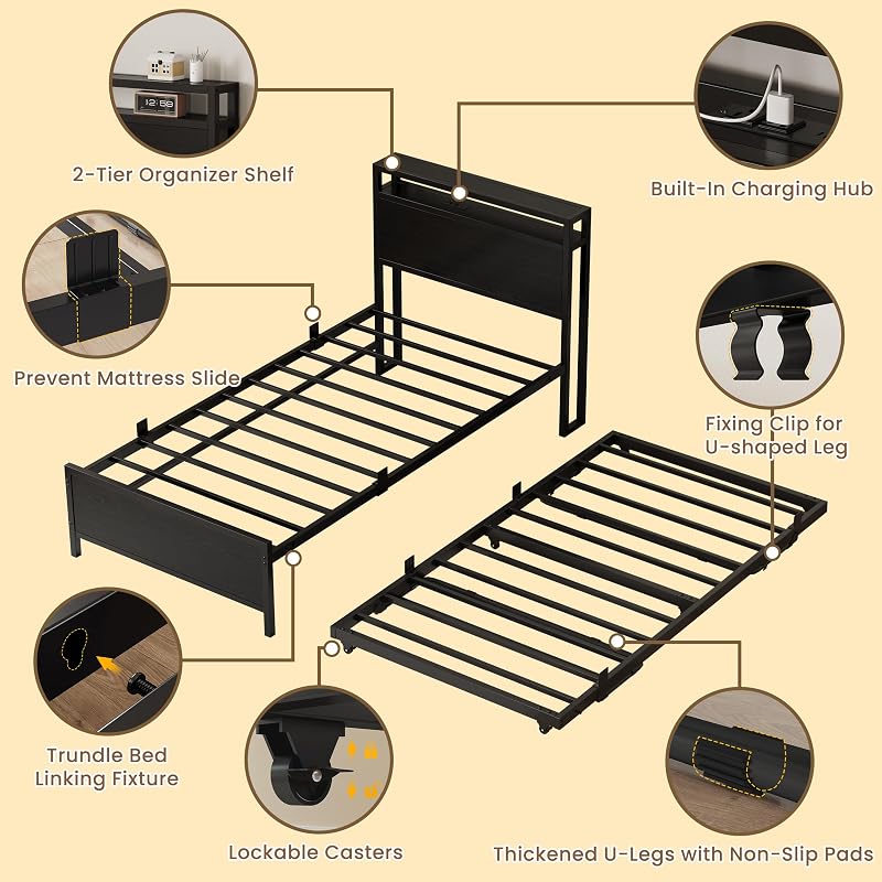 IRONCK Twin Daybed with Trundle, Storage Headboard & Charging Station - Black