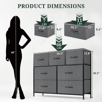 Skiennix 7-Drawer Dresser - Anti-Tip Fabric Storage Organizer with Wooden Top | Gray Finish for Bedroom & Living Room