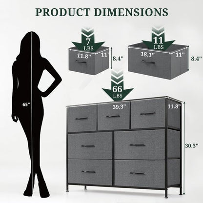 7-Drawer Dresser for Bedroom, Anti-Tip Wide Storage Organizer Fabric Chest of Drawers TV Stand for 45" TV with Wooden Top and Metal Frame for Closet, Living Room, Hallway, Entryway, Gray