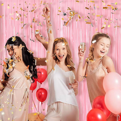 Pastel Pink Metallic Tinsel Foil Fringe Curtains - 2 Pack 3.3x8.3 Feet Backdrop for Weddings & Parties