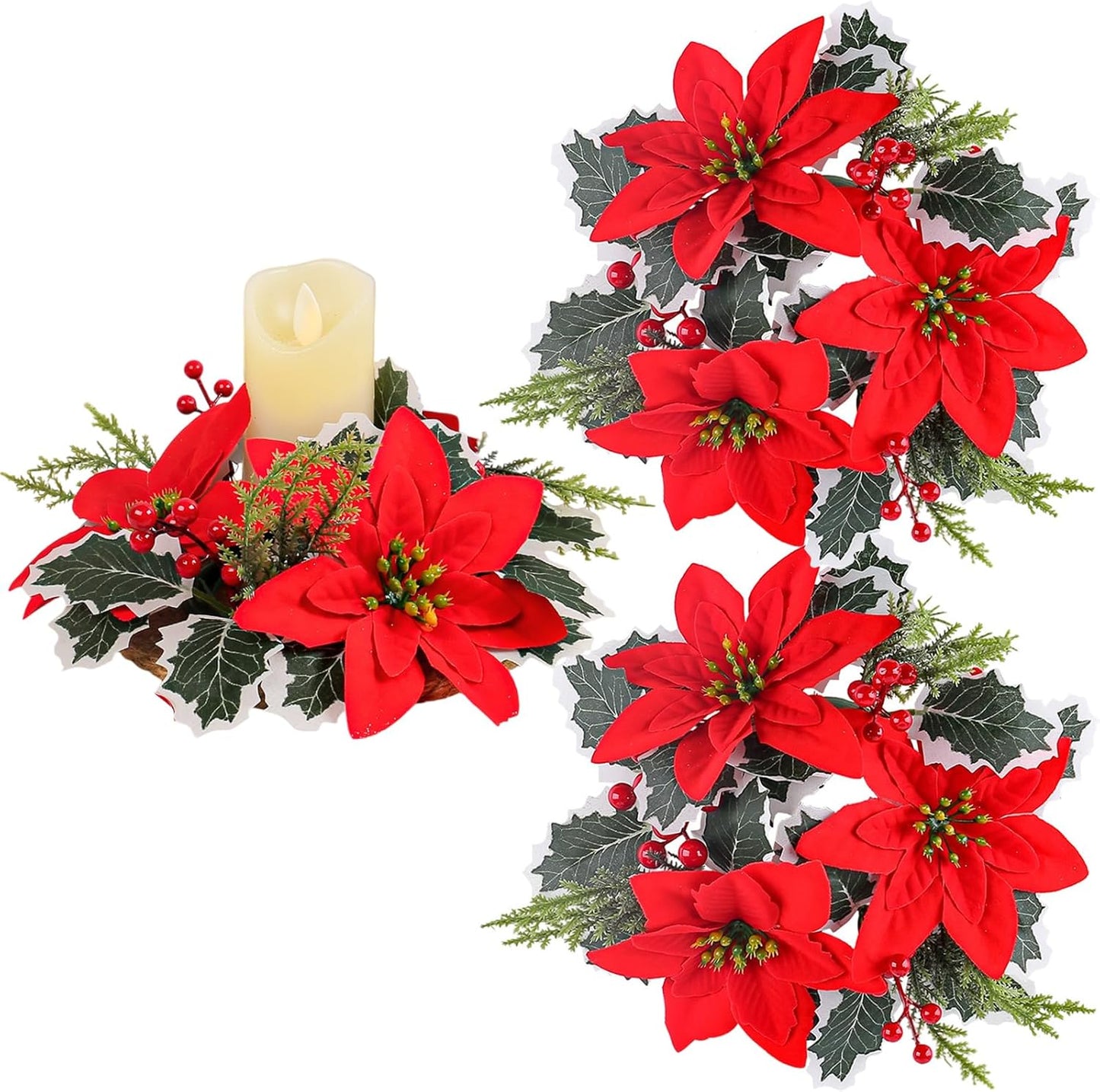 Regine Switzerland Christmas Candle Rings - Artificial Red Poinsettia & Pine Wreath Holders | Holiday Table Decor