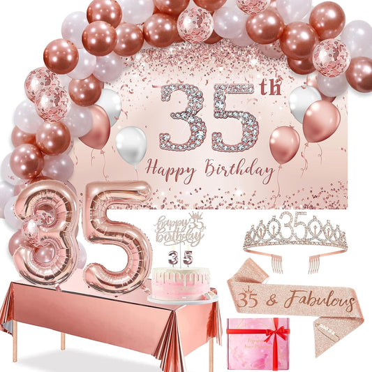 Trgowaul 35th Birthday Decorations Set - Rose Gold Balloon Arch, Banner & Tiara | Pink & Gold Theme