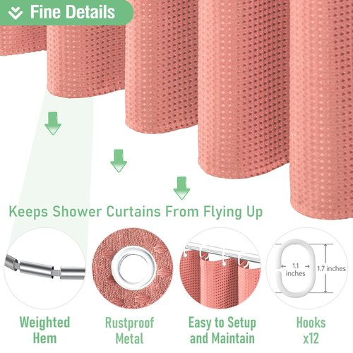 Dynamene Coral Fabric Shower Curtain - Waffle Weave Textured Heavy Duty Cloth Shower Curtains for Bathroom, 256GSM Hotel Luxury Weighted Bath Curtain Set with 12 Hooks,72x72, Coral