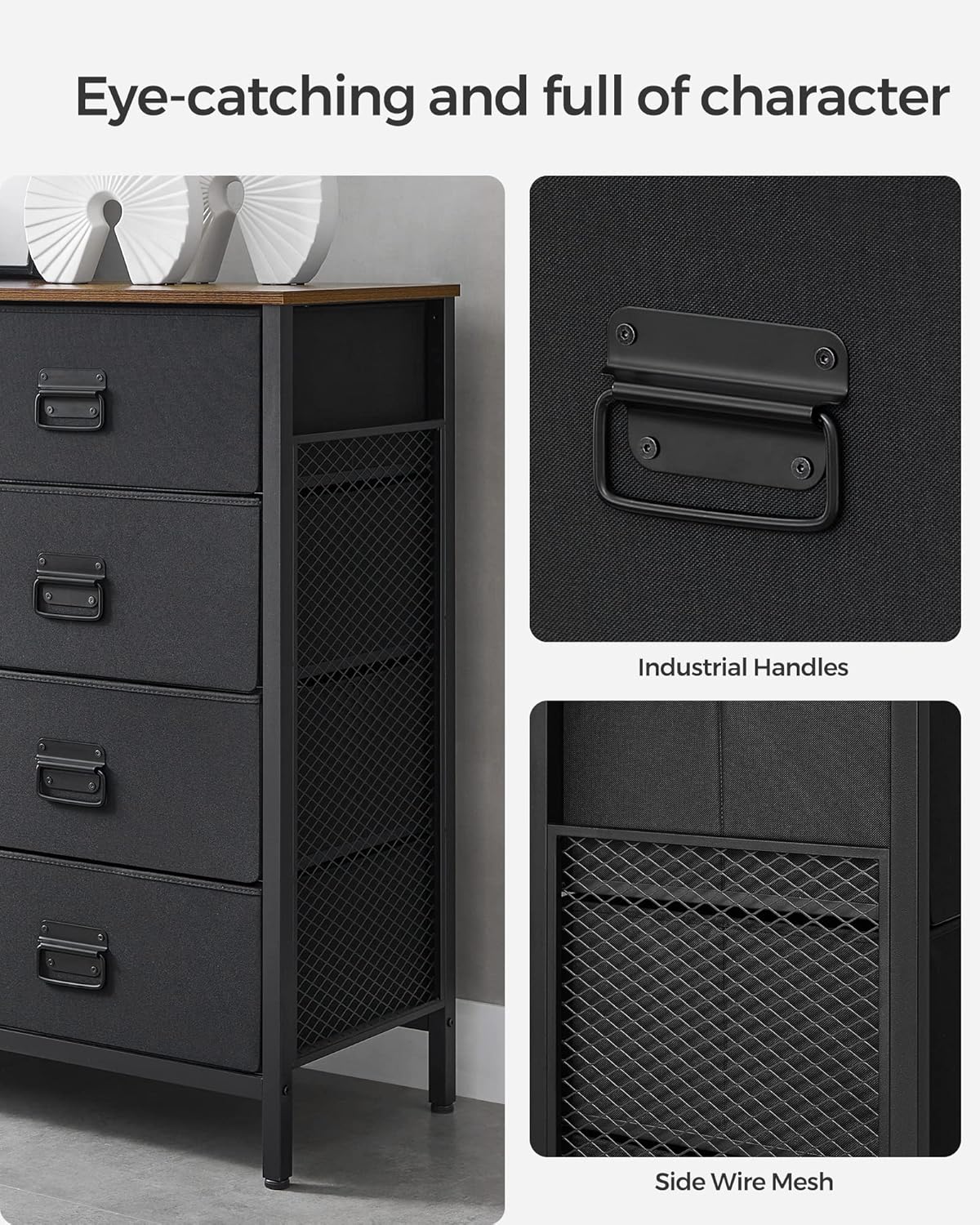 SONGMICS Fabric Dresser - 8 Drawer Storage Organizer Unit with Steel Frame | Rustic Brown & Black