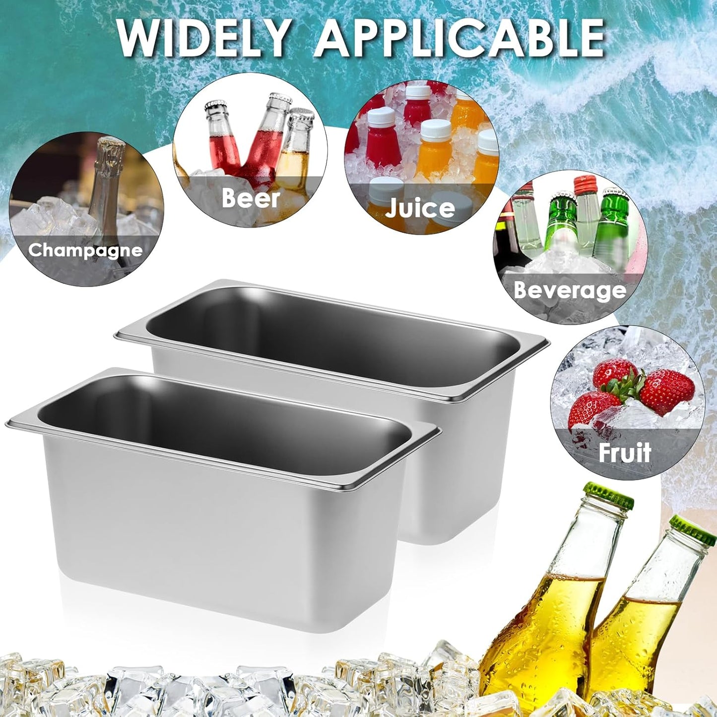OwnMy 2PCS Ice Buckets for Parties, Stainless Steel Ice Bucket for Freezer, Metal Ice Cubes Bins Storage Container for Freezer, Wine Beer Drink Cooling Buckets for Beverage Cocktails Champagne
