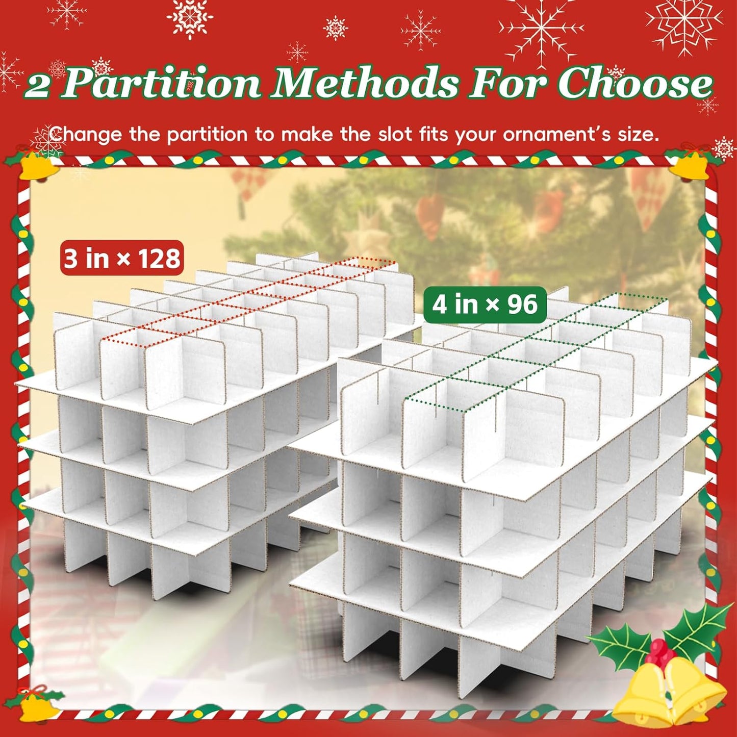 SeasonBliss Christmas Ornament Storage Box - Holds 128 Ornaments | Large, Sturdy Organizer with Zipper & Handles, Green