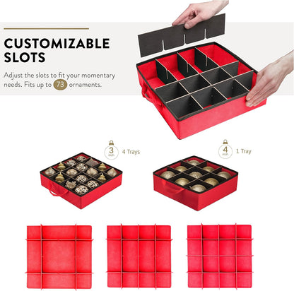 ZOBER Christmas Ornament Storage Box - Easy Access Removable Trays for 73 Ornaments - Red