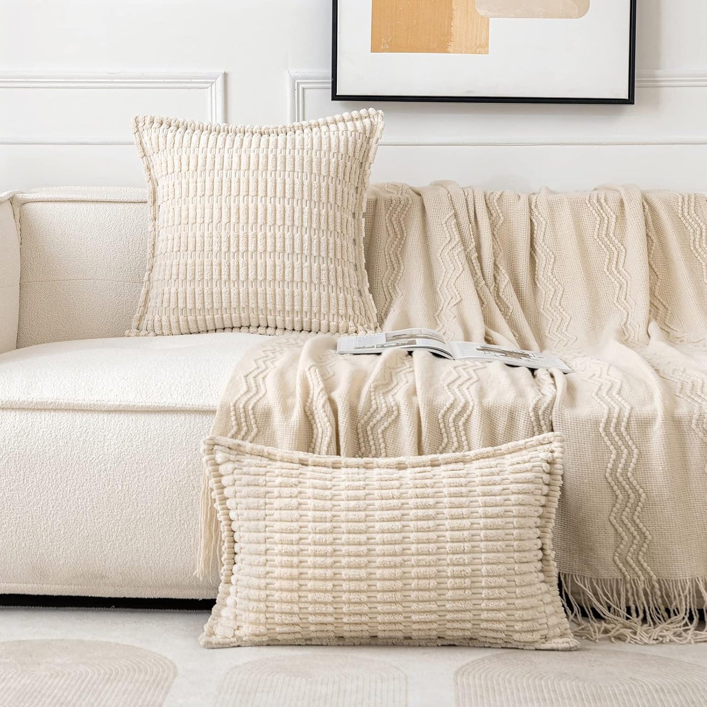 MIULEE Cream White Corduroy Throw Pillow Covers - Soft Striped Design, Set of 2, 18x18 Inch | Modern Boho Home Decor