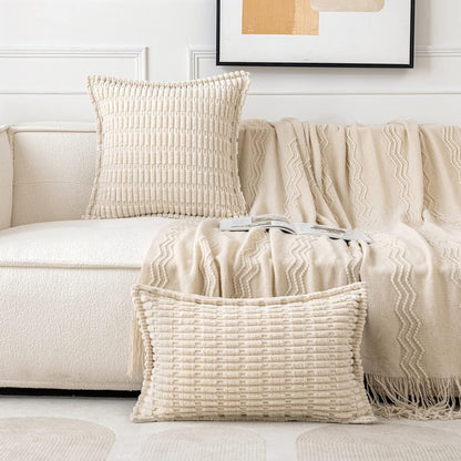MIULEE Cream White Corduroy Throw Pillow Covers - Soft Striped Design, Set of 2, 18x18 Inch | Modern Boho Home Decor