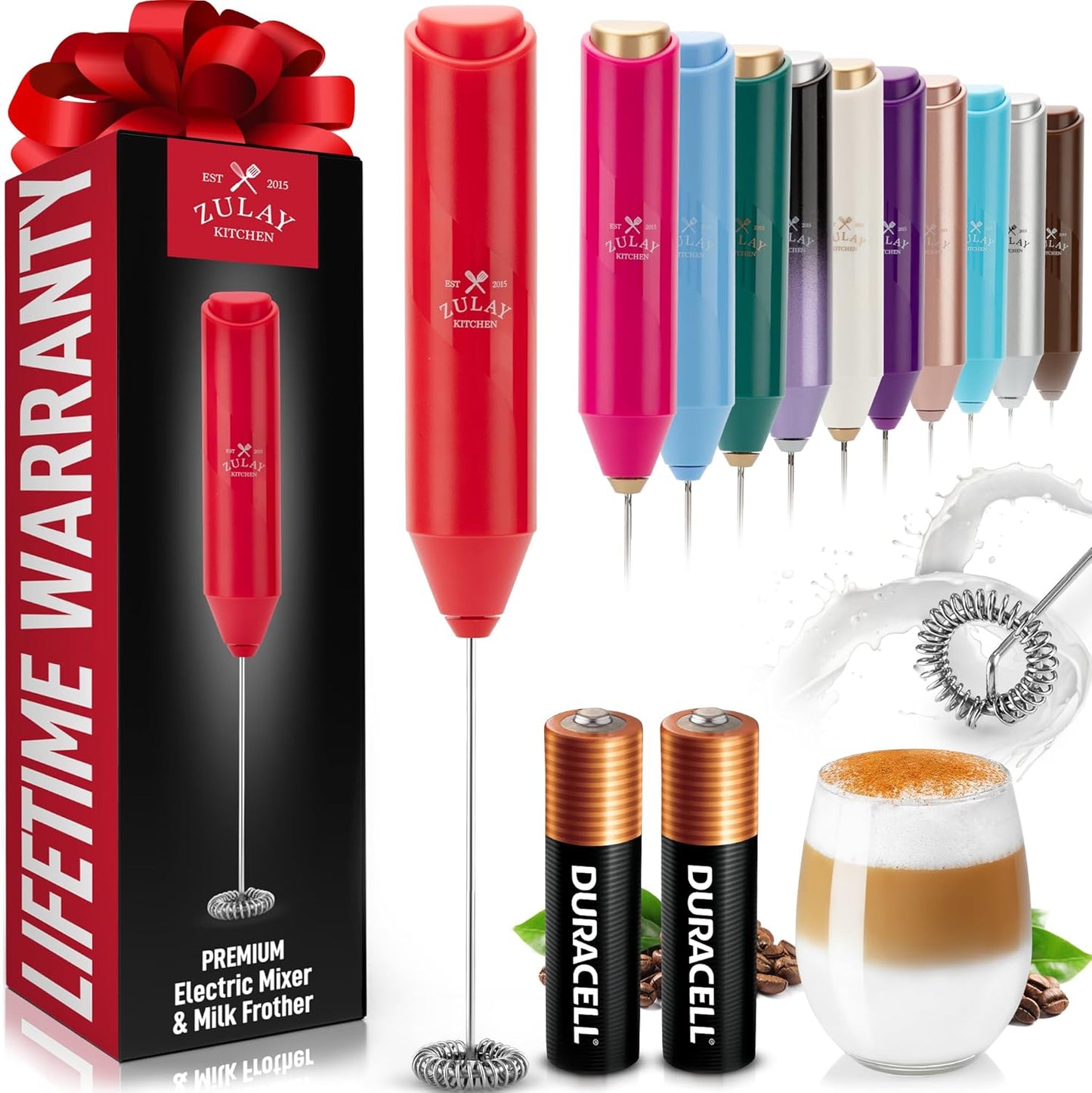 Zulay Kitchen Powerful Milk Frother AA Batteries Included – Ultra Fast Handheld Drink Mixer with Stainless Steel Whisk Stirrer for Coffee, Protein, Matcha & More, Frother Wand Electric Frothmate Red