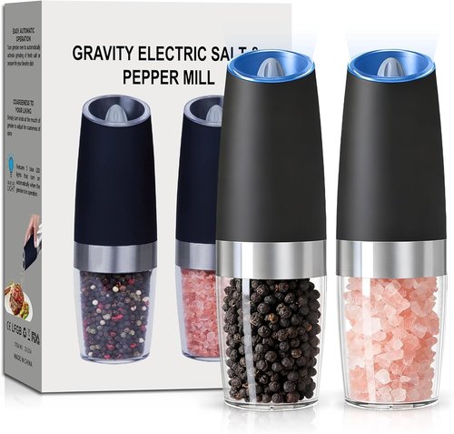 Gravity Electric Salt and Pepper Grinder Set - Automatic, Adjustable Coarseness, LED Light | 2 Pack (Black)