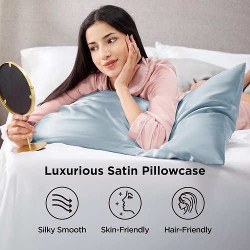 Bedsure Satin Pillowcase Set of 2 - Celestial Blue Silky Pillow Covers for Hair & Skin | 20x36 Inches, Envelope Closure