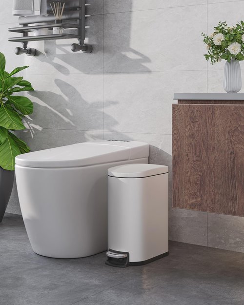 GarveeHome 2.6 Gallon Bathroom Trash Can, Space-Saving Slim Stainless Steel Step-On Garbage Bin with Soft Close Lid, Removable Inner Bucket for Bathroom & Bedroom, White