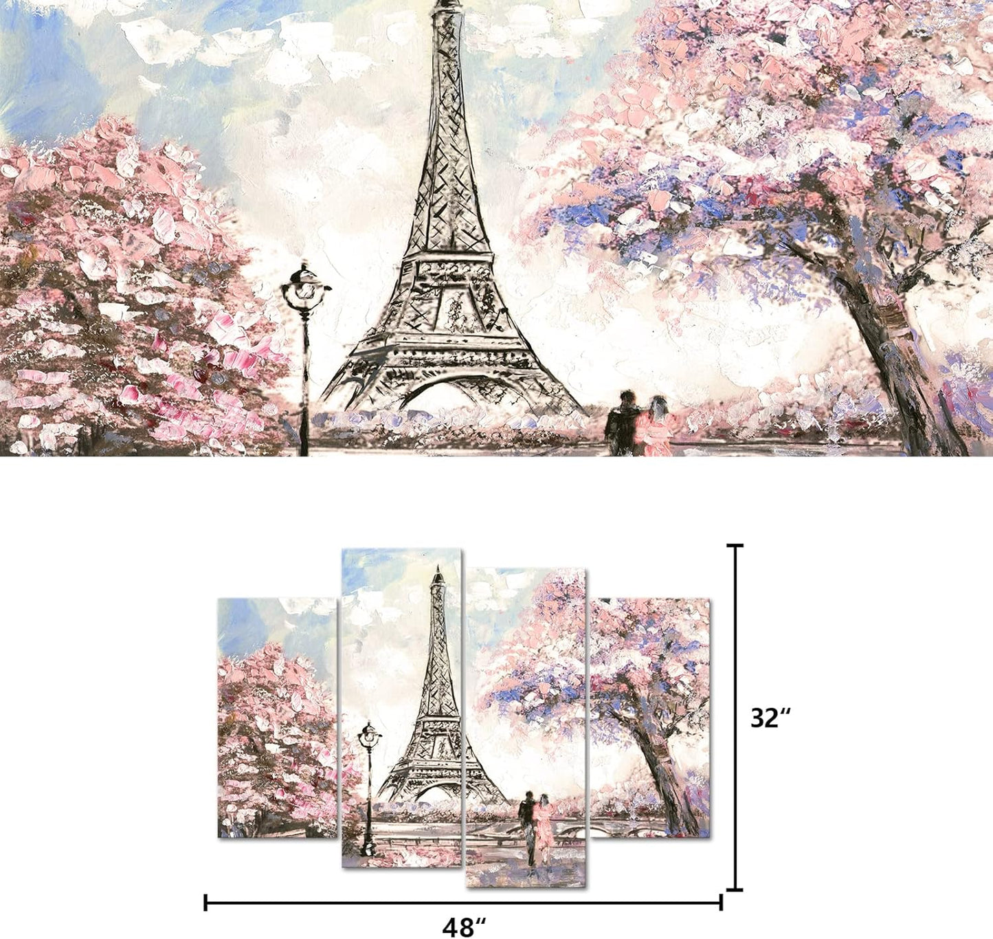 Visual Art Decor Pink Eiffel Tower Wall Art - Romantic Paris Landscape for Living Room | Framed 34x48in