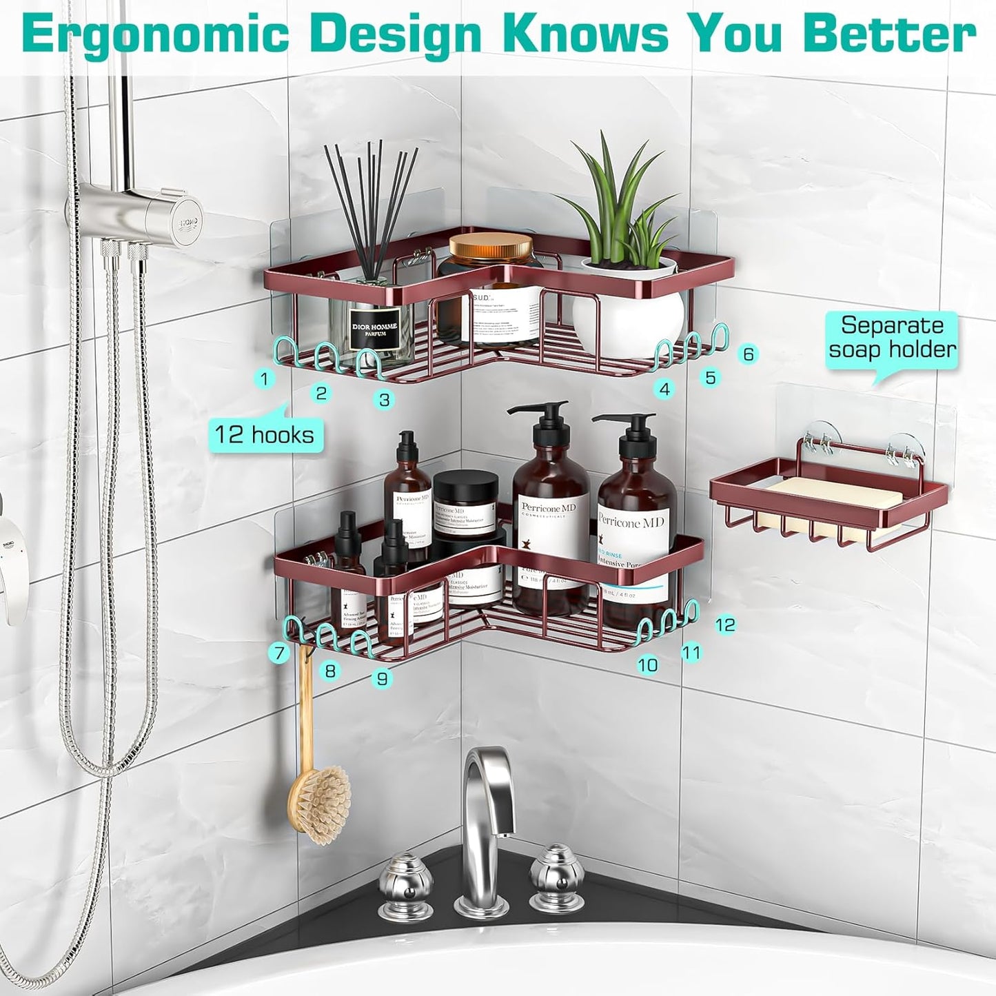 YASONIC Corner Shower Caddy - 3-Pack Adhesive Organizer with Soap Holder & 12 Hooks | Rustproof Stainless Steel, Bronze