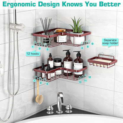 YASONIC Corner Shower Caddy - 3-Pack Adhesive Organizer with Soap Holder & 12 Hooks | Rustproof Stainless Steel, Bronze