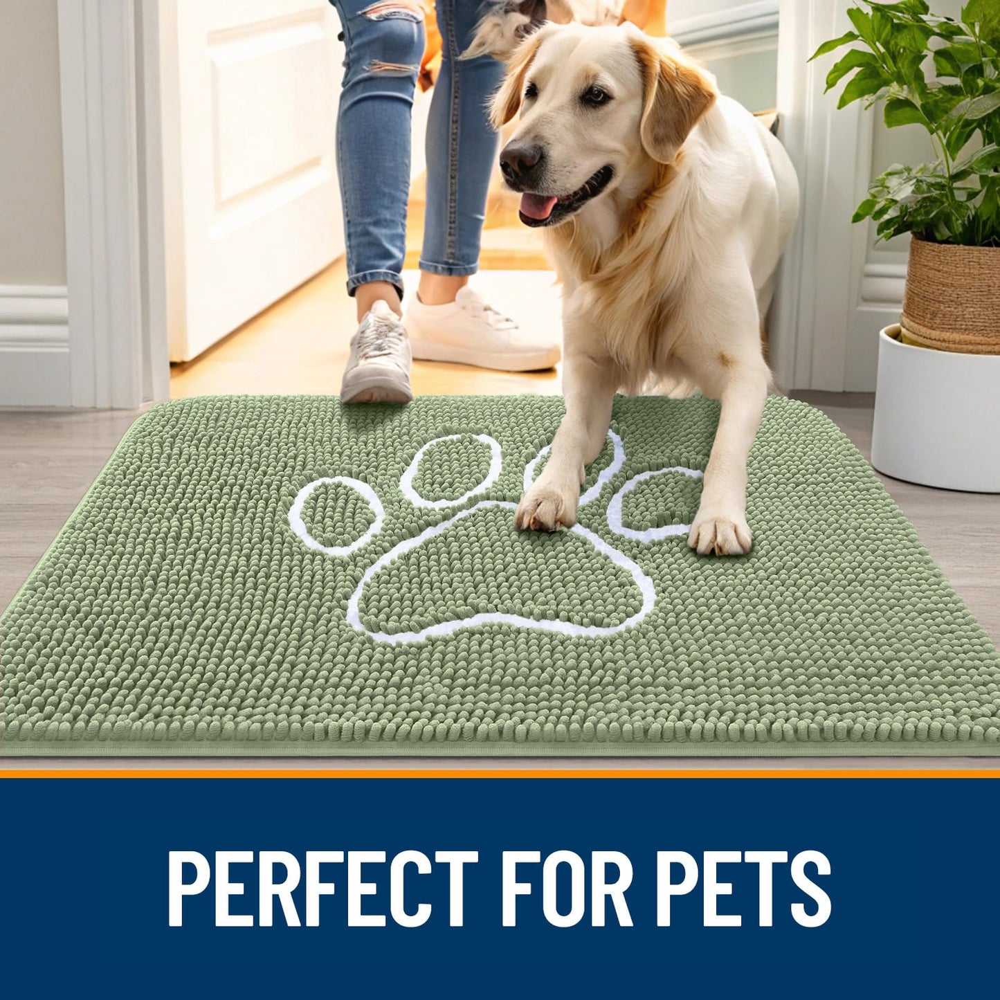OLANLY Dog Door Mat for Muddy Paws 59x24, Paw Print Design, Absorbs Moisture and Dirt, Non-Slip Washable Doormat, Quick Dry Chenille Mud Mat for Dogs, Entry Indoor Entryway Carpet, Sage Green