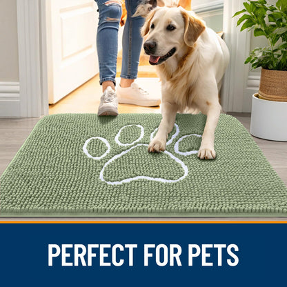 OLANLY Dog Door Mat for Muddy Paws 59x24, Paw Print Design, Absorbs Moisture and Dirt, Non-Slip Washable Doormat, Quick Dry Chenille Mud Mat for Dogs, Entry Indoor Entryway Carpet, Sage Green
