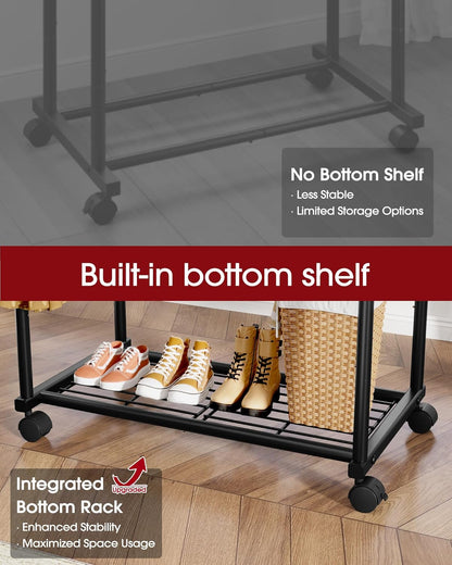 Sakugi Metal Clothes Rack - Double Rod Design with Rolling Wheels & Built-In Shelf | 38.5" x 16.9" x 59", Black