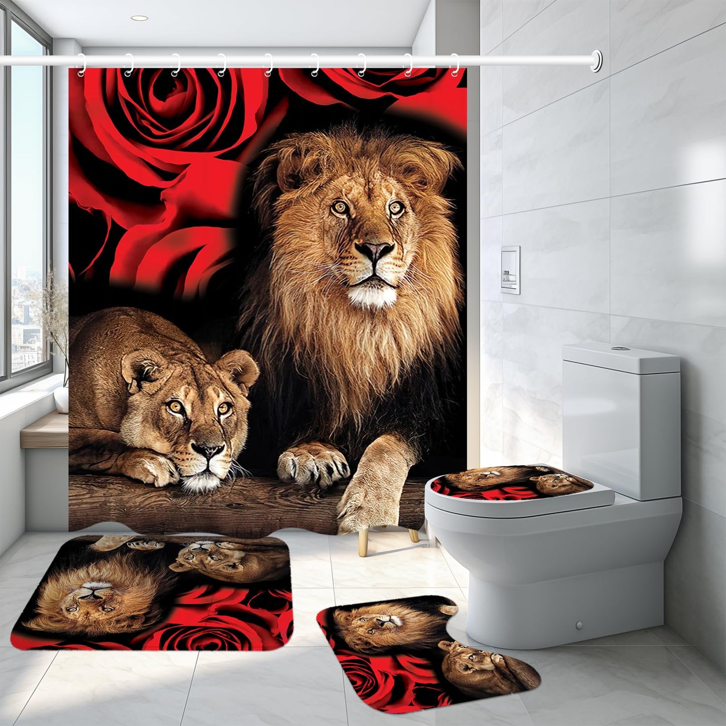 Neween 4PCS Lion Shower Curtain Set with Non-Slip Rugs, Toilet Lid Cover and Bath Mat, Shower Curtain Polyester Cloth Bath Curtain Set with 12 Hooks, Waterproof Washable Bathroom Decor Set (Lion)