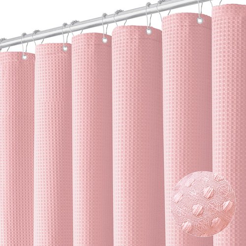 Dynamene Stall Fabric Shower Curtain - 54 inch Wide Waffle Weave Weighted Thick Cloth Shower Curtains for Bathroom, Heavy Duty Hotel Spa Luxury Bath Curtain Set with 10 Hooks, 54x72, Pink