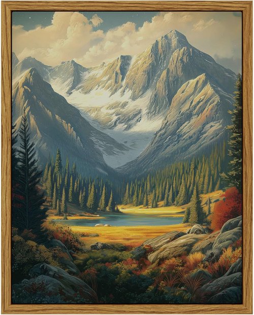 InSimSea Framed Canvas Wall Art - Vintage Rocky Mountain Valley Landscape Painting | 10x8in Rustic Decor