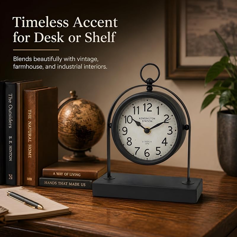 Vintage Black Table Clock with Glass Cover – Silent Mantel Desk Clock