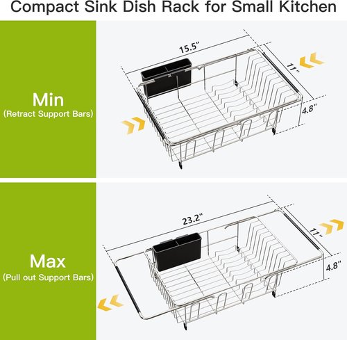 JASIWAY Expandable Stainless Steel Dish Drying Rack - In-Sink Design with Utensil Holder | Silver Finish