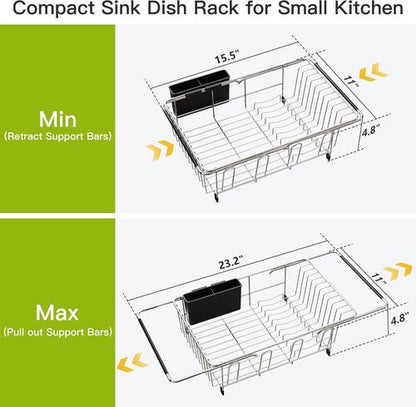 JASIWAY Expandable Stainless Steel Dish Drying Rack - In-Sink Design with Utensil Holder | Silver Finish